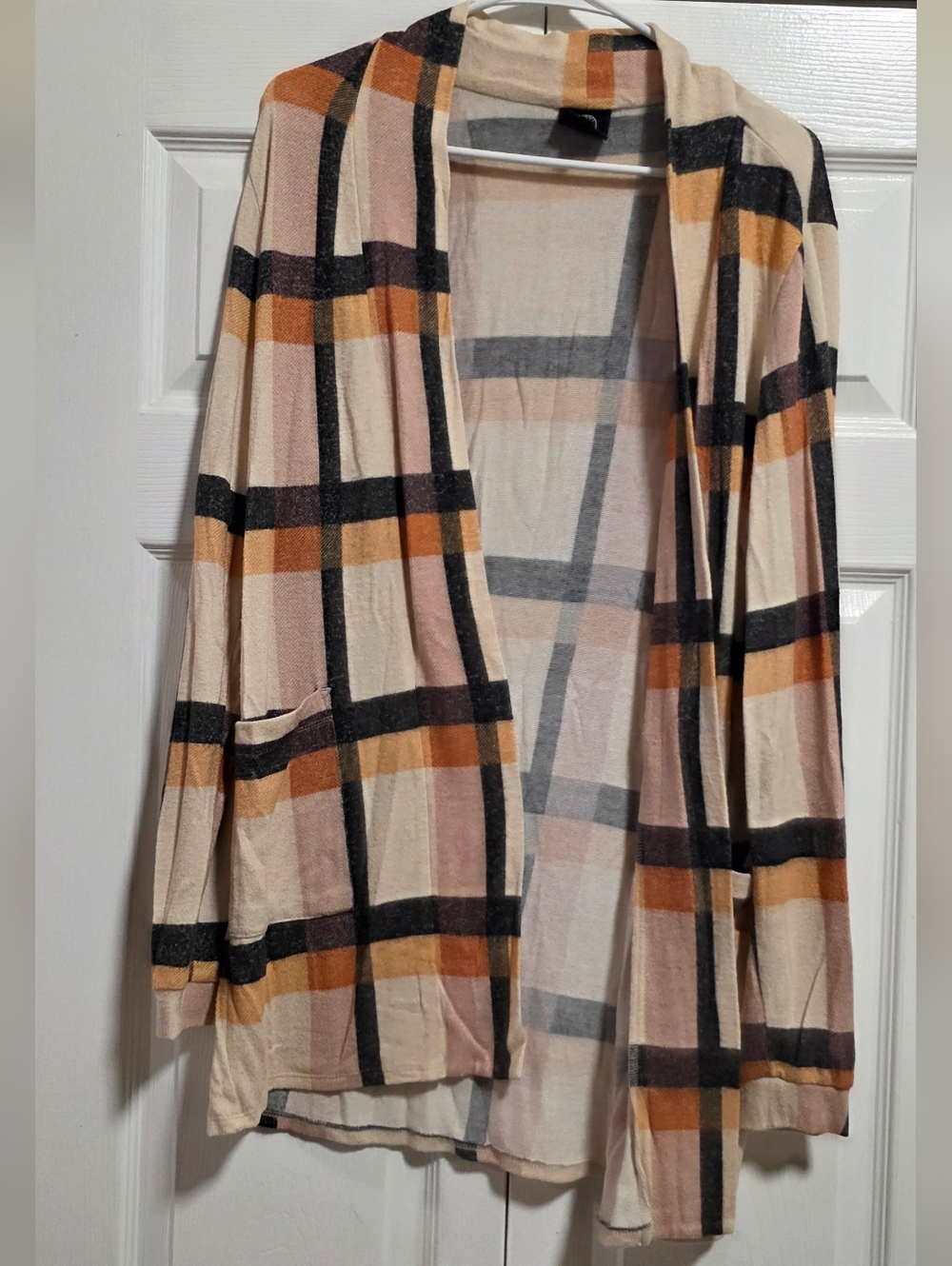 bobeau Beige Plaid Open-Front Cardigan with Black and Mustard Checks
